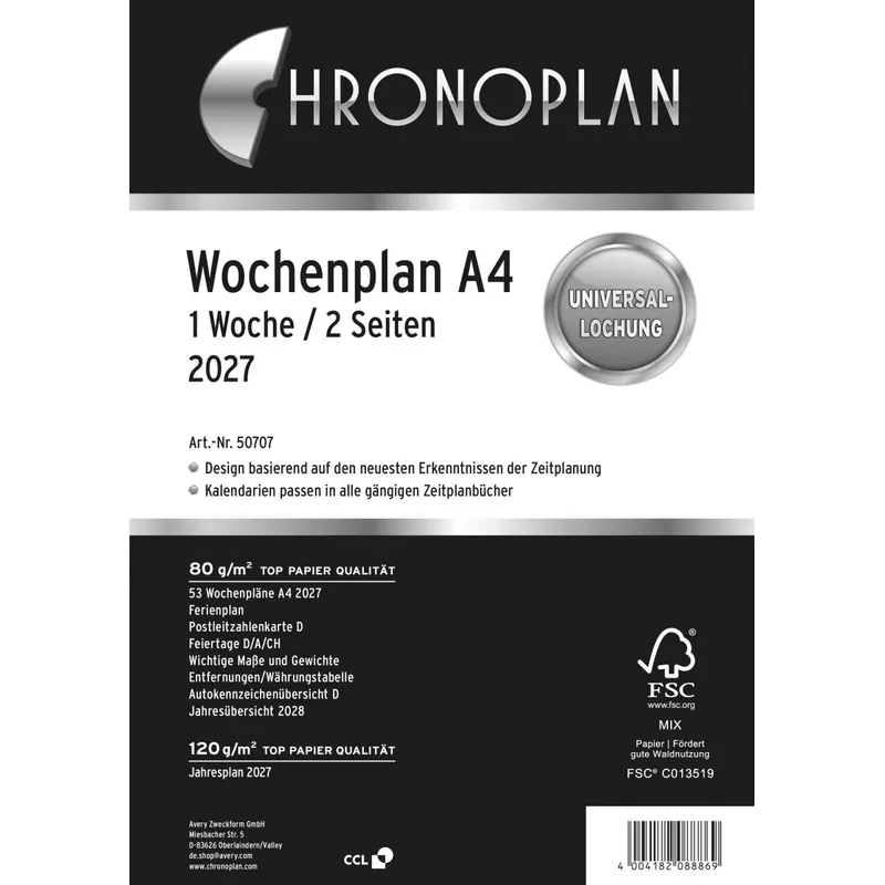 Avery Chronoplan Wochenplan 2027, A4, 2027, weiß, 210 x 297 mm, Inhalt: 62 Blätter / 1 Stück, 50707