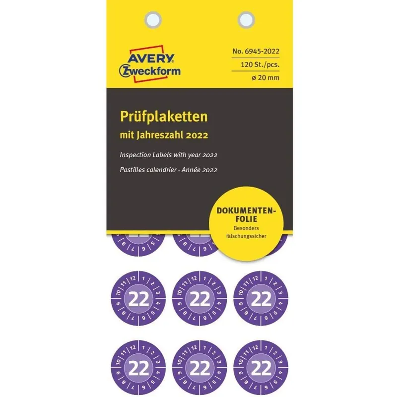 AVERY Zweckform 120 Stück Prüfplaketten 2022 (fälschungssicher, stark selbstklebend, Ø 20 mm, Prüfaufkleber, beschriftbare Prüfsiegel aus Dokumentenfolie) 6945-2022 violett