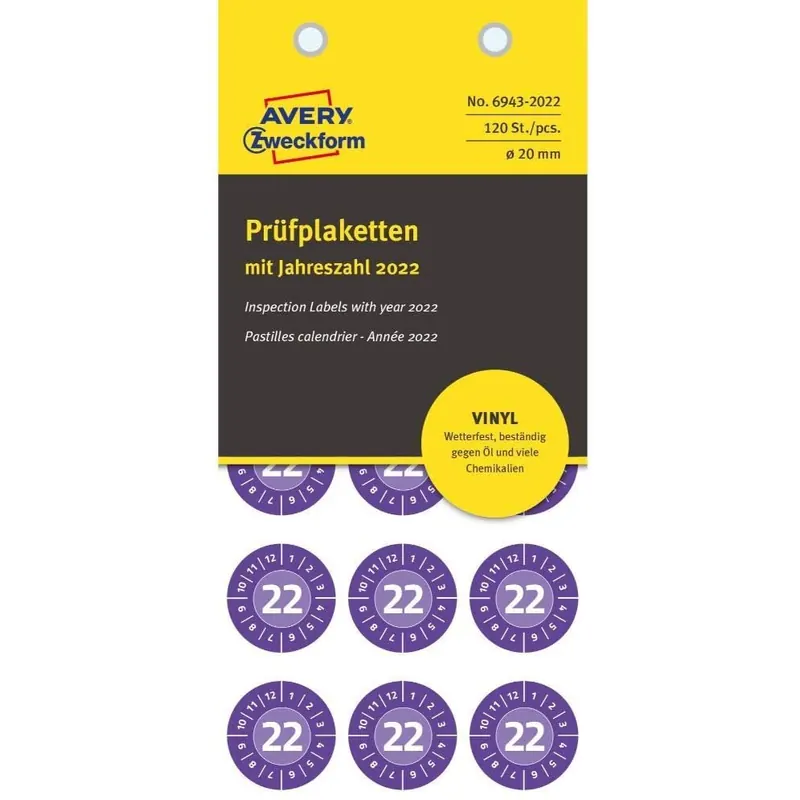 AVERY Zweckform 120 Stück Prüfplaketten 2022 (widerstandsfähig, stark selbstklebend, Ø 20 mm, Prüfaufkleber, beschriftbare Prüfsiegel aus Vinyl-Klebefolie) 6943-2022 violett