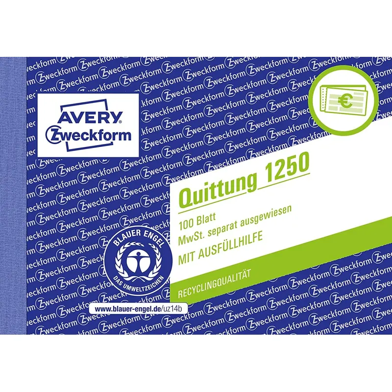 AVERY Zweckform 1250 Quittungsblock (A6 quer, 100 Blatt, fälschungssicher, separat ausgewiesene MwSt., mit 1 Blatt Blaupapier, für Deutschland und Österreich) weiß
