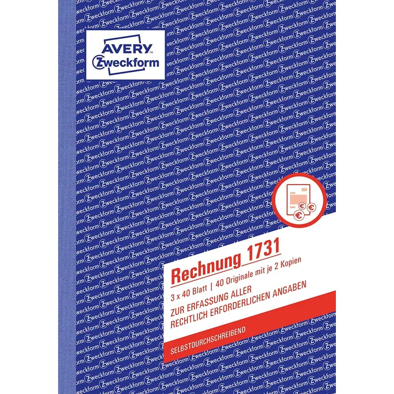 AVERY Zweckform 1731 Rechnung (A5, 3x40 Blatt, selbstdurchschreibend mit farbigen Durchschlägen, zur Erfassung aller rechtlich erforderlichen Angaben) weiß/gelb/rosa