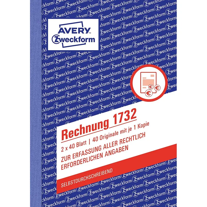 AVERY Zweckform 1732 Rechnung (A6, 2x40 Blatt, selbstdurchschreibend mit farbigem Durchschlag, mit Netto- und Bruttobetrag, MwSt. uvm., zur Erfassung aller rechtlich erforderlichen Angaben) weiß/gelb