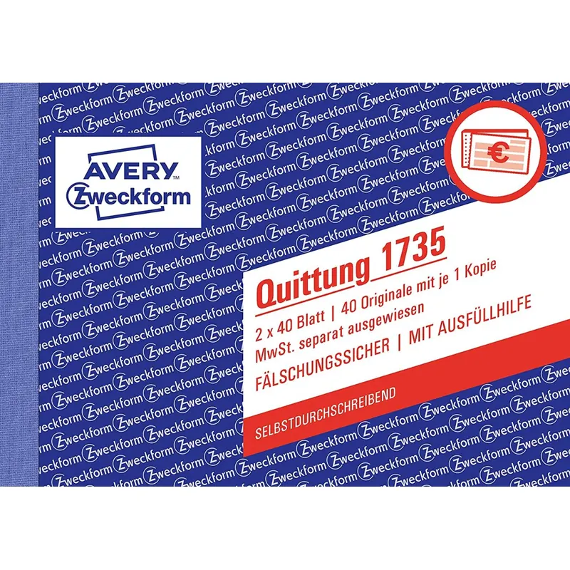 AVERY Zweckform 1735 Quittungsblock (A6 quer, 2x40 Blatt, mit Durchschlag, fälschungssicher, separat ausgewiesene MwSt., für Deutschland und Österreich) weiß/gelb