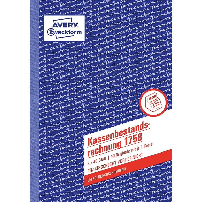 AVERY Zweckform 1758 Kassenbestandsrechnung (A5, selbstdurchschreibend, von Rechtsexperten geprüft, für Deutschland u. Österreich zur ordnungsgemäßen, kostengünstigen Buchführung, 2x40Blatt) weiß/gelb