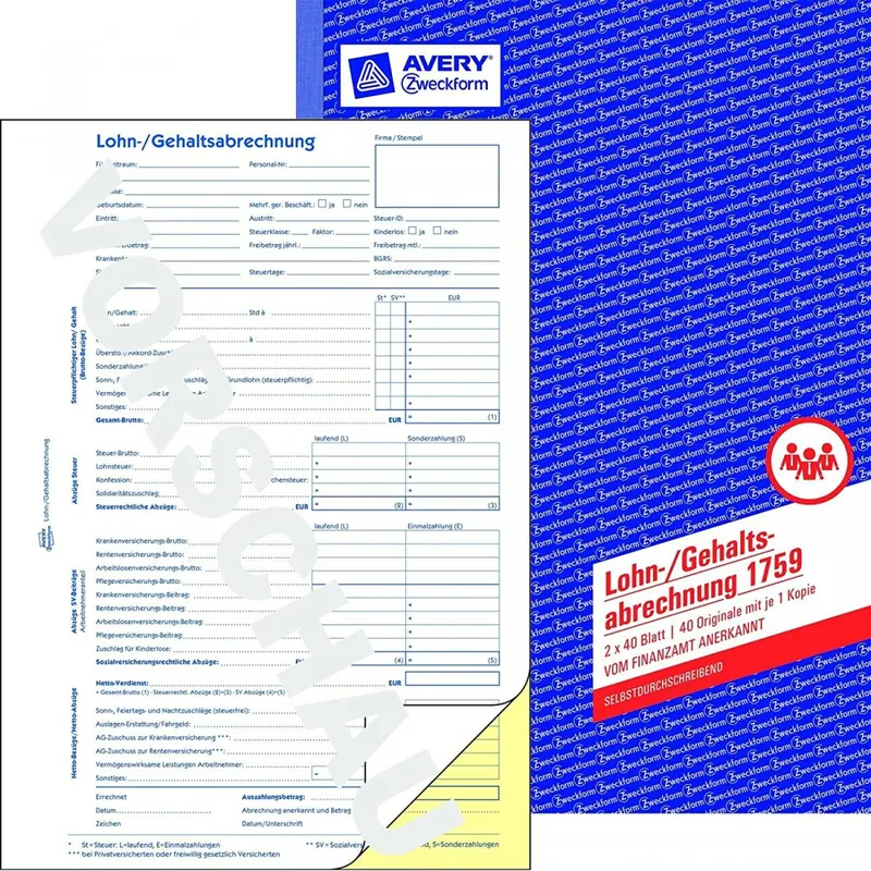 AVERY Zweckform 1759 Lohn-/Gehaltsabrechnung (A4, selbstdurchschreibend, für Deutschland, von Rechtsexperten geprüft und vom Finanzamt anerkannt, 2x40 Blatt) weiß/gelb