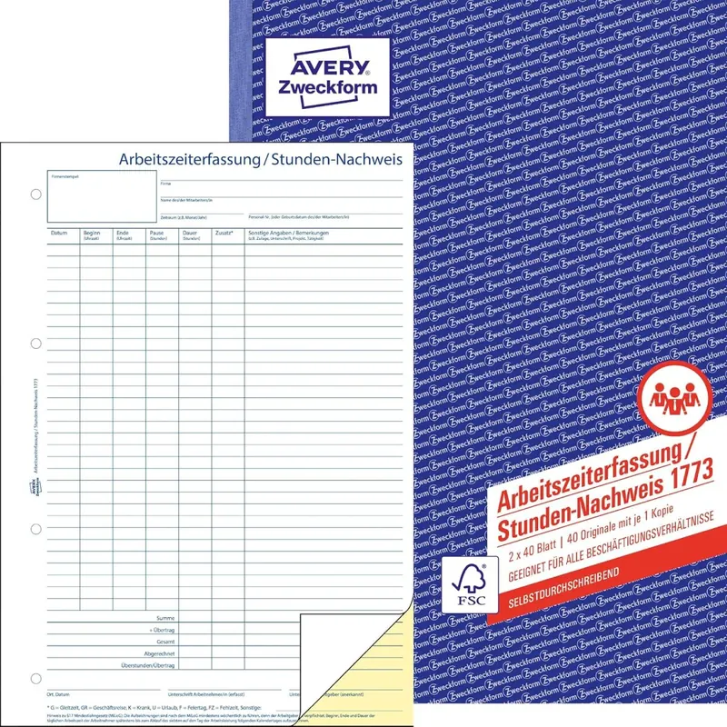 AVERY Zweckform 1773 Stunden-Nachweis (A4, selbstdurchschreibend, von Rechtsexperten geprüft, für Deutschland u. Österreich zur lückenlosen Arbeitszeiterfassung, 2x40 Blatt) weiß/gelb