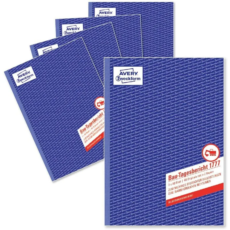 AVERY Zweckform 1777-5 Bau-Tagesbericht im 5er-Pack(A4, selbstdurchschreibend, gem. baubehördlichen Richtlinien, für Deutschland u. Österreich zum Nachweis erledigter Arbeit) 3x40 Blatt weiß/gelb/rosa