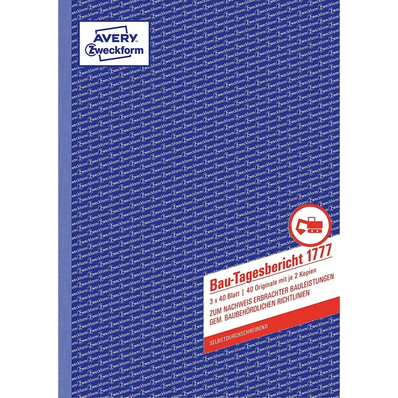 AVERY Zweckform 1777 Bau-Tagesbericht, (A4, selbstdurchschreibend, gem. baubehördlichen Richtlinien, für Deutschland und Österreich zum Nachweis ausgeführter Arbeiten) 3x40 Blatt weiß/gelb/rosa