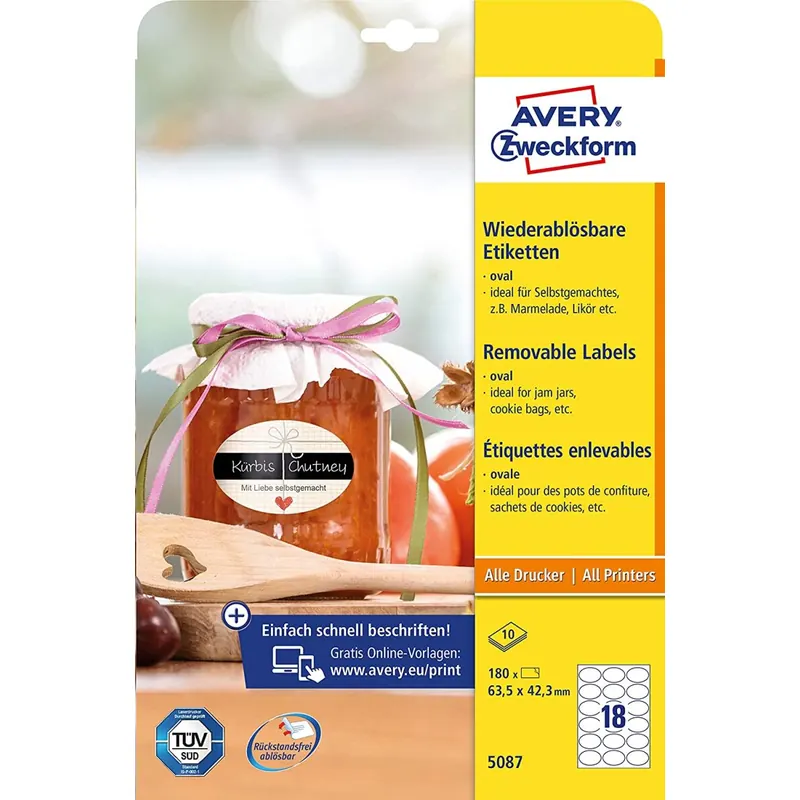 AVERY Zweckform 180 Flaschenetiketten selbstklebend (63, 5x42, 3 mm, Oval, Aufkleber Ideal für Einmachgläser, Gewürzgläser, Likörflaschen, Selbstgemachtes aus Der Küche, Art. 5087) 10 Blatt Weiß