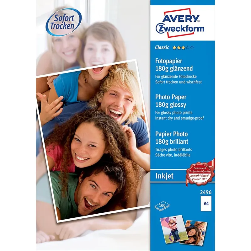 AVERY Zweckform 2496 Classic Inkjet Fotopapier (A4, einseitig beschichtet, glänzend, 180 g/m², 100 Blatt)
