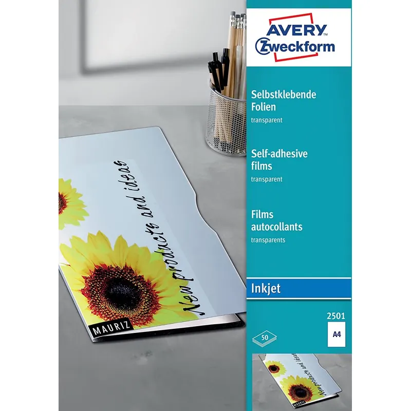 AVERY Zweckform 2501 Transparente Folien für Inkjetdrucker (50 selbstklebende Folien mit hoher Farbbrillanz, A4, spezialbeschichtet, stapelverarbeitbar, fotorealistisch, Folienstärke 0,17mm)