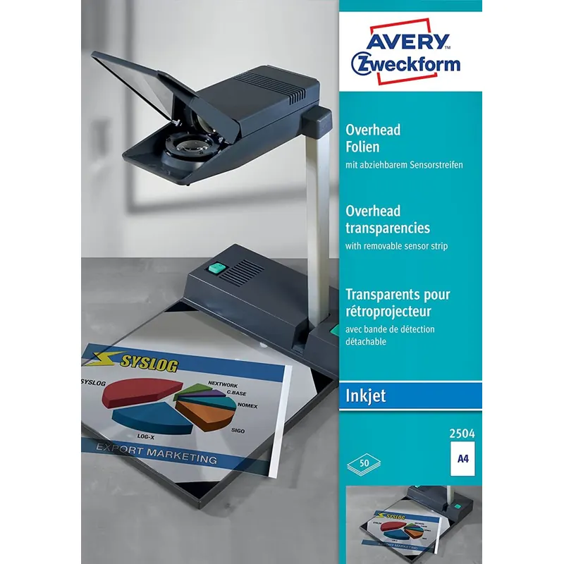 AVERY Zweckform 2504 Overhead-Folien für Inkjetdrucker (50 Transparentfolien, A4, spezialbeschichtet, stapelverarbeitbar, abziehbarer Sensorstreifen an kurzer Seite, Folienstärke 0,11mm)