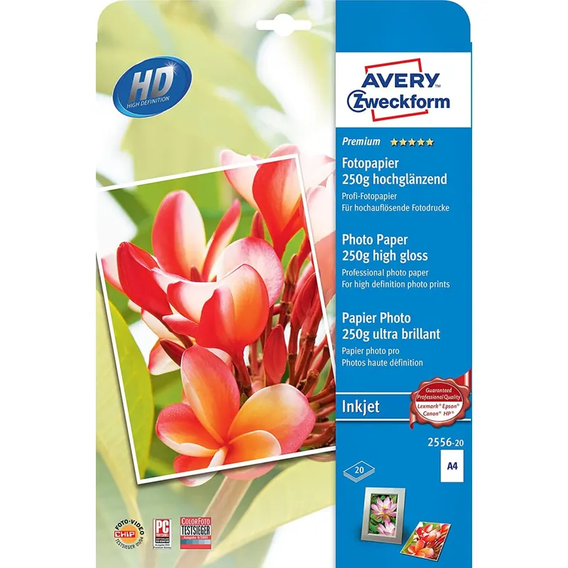 AVERY Zweckform 2556-20 Premium Inkjet Fotopapier (A4, einseitig beschichtet, hochglänzend, 250 g/m², 20 Blatt)
