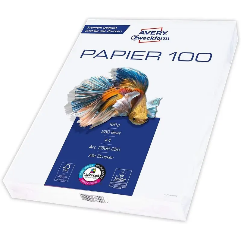 Avery Zweckform 2566 Drucker-/Kopierpapier (250 Blatt, 100 g/m², DIN A4 Papier, hochweiß, für alle Drucker)