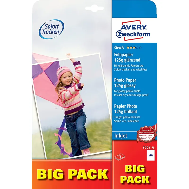 AVERY Zweckform 2567-75 Classic Inkjet Fotopapier (A4, einseitig beschichtet, glänzend, 125 g/m²) 75 Blatt