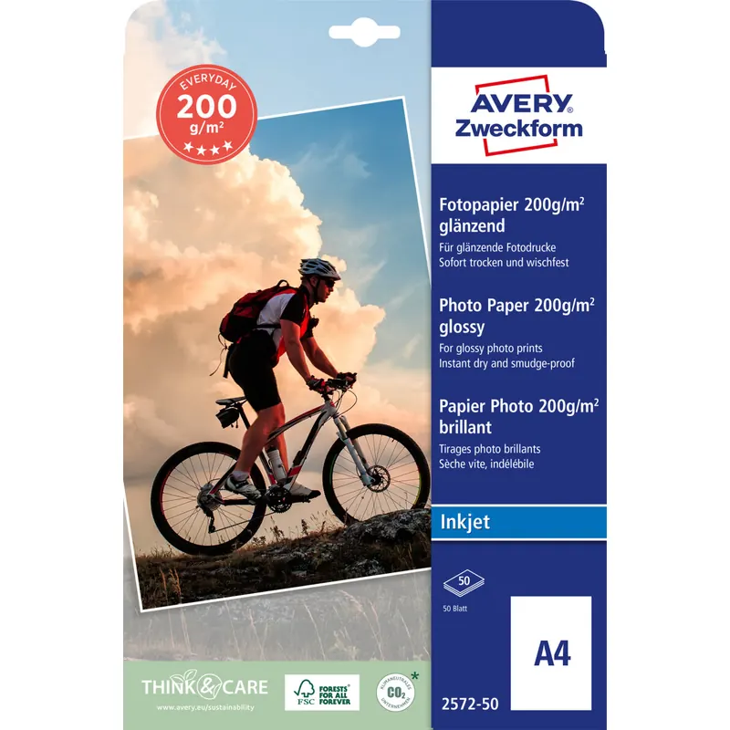 AVERY Zweckform 2572-50 Superior Inkjet Fotopapier (A4, einseitig beschichtet, hochglänzend, 200 g/m²) 50 Blatt