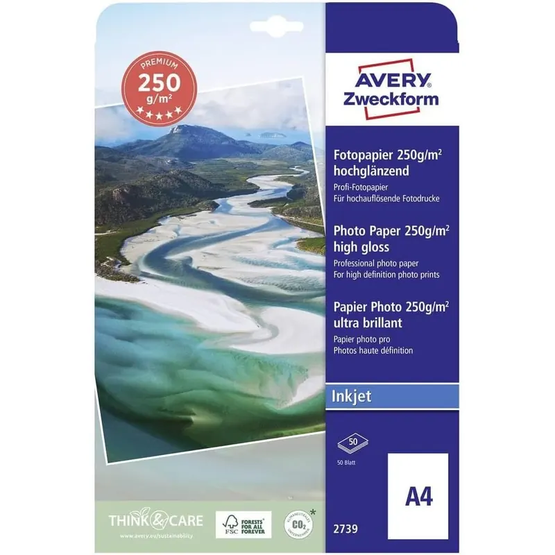 AVERY Zweckform 2739 Premium Inkjet Fotopapier (A4, einseitig beschichtet, hochglänzend, 250 g/m², 40 Blatt)