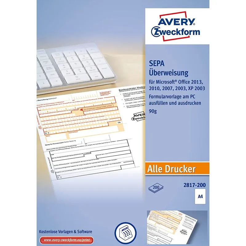 AVERY Zweckform 2817-200 Überweisung/Zahlschein (PC-Druckerformular, A4, von Rechtsexperten geprüft, für Deutschland, zum einfachen Erstellen von Überweisungen am PC, 200 Blatt)