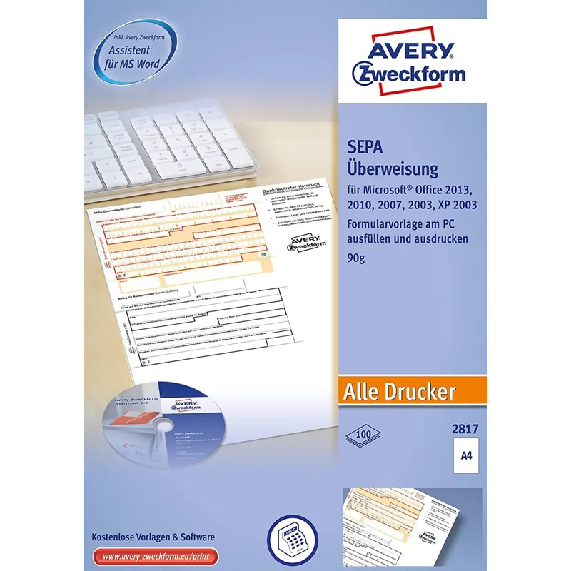 AVERY Zweckform 2817 Sepa-Überweisung, (A4, inkl. Software-CD, von Rechtsexperten geprüft, für Deutschland, zum einfachen Erstellen von Überweisungen am PC, 100 Blatt) weiß