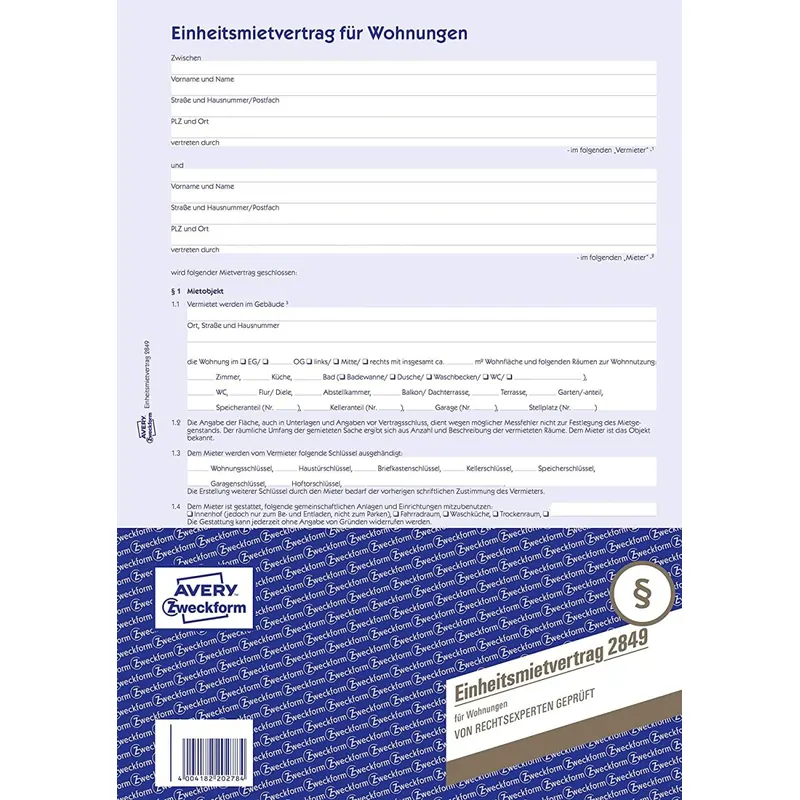 AVERY Zweckform 2849 Einheitsmietvertrag für Wohnungen (A4, 1 Stück, 4-seitig, Bogenformat, regelt wichtige Punkte des Mietverhältnisses inkl. Schönheitsreparaturen, von Rechtsexperten geprüft)
