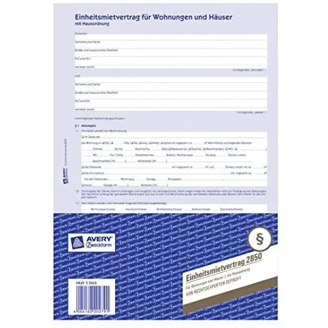 AVERY Zweckform 2850 Einheitsmietvertrag für Wohnungen und Häuser (A4, 1 Satz mit Hausordnung, 6-seitig im Bogenformat, regelt alle Punkte des Mietverhältnisses, von Rechtexperten geprüft)