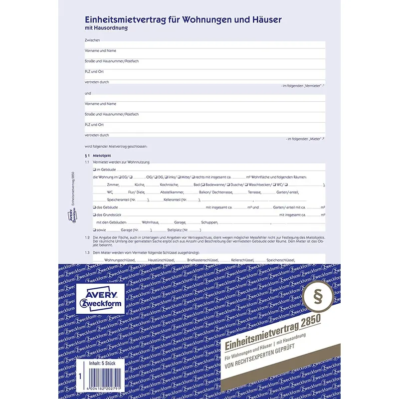 AVERY Zweckform 2850 Einheitsmietvertrag für Wohnungen und Häuser (A4, 5 Sätze mit Hausordnung, 6-seitig im Bogenformat, regelt alle Punkte des Mietverhältnisses, von Rechtexperten geprüft)