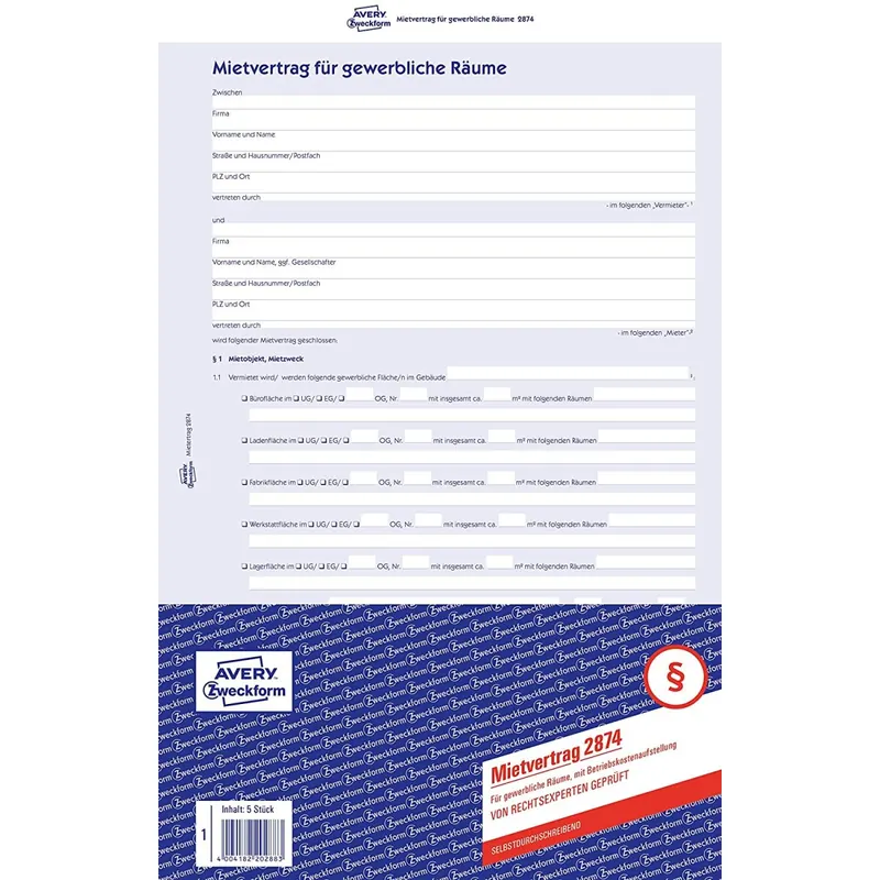 AVERY Zweckform 2874 Mietvertrag für gewerbliche Räume (A4, 1 Satz mit Betriebskostenaufstellung, 6-seitig, selbstdurchschreibend, Vereinbarung über Mietzweck, Konkurrenzschutz, Werbemaßnahmen)