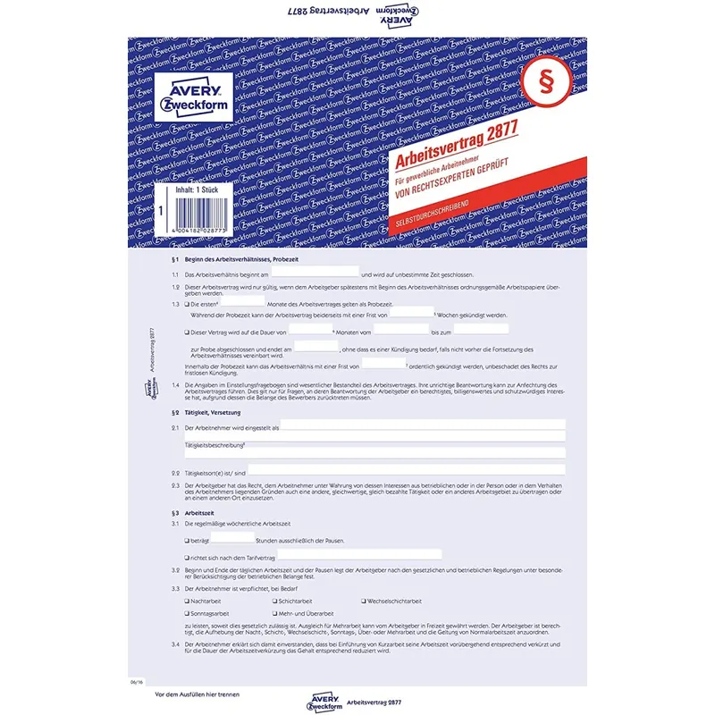 AVERY Zweckform 2877 Arbeitsvertrag für gewergbl. Arbeitnehmer (A4, 1 Stück, 3-seitig selbstdurchschreibender Durchschlag, von Rechtsexperten geprüft)