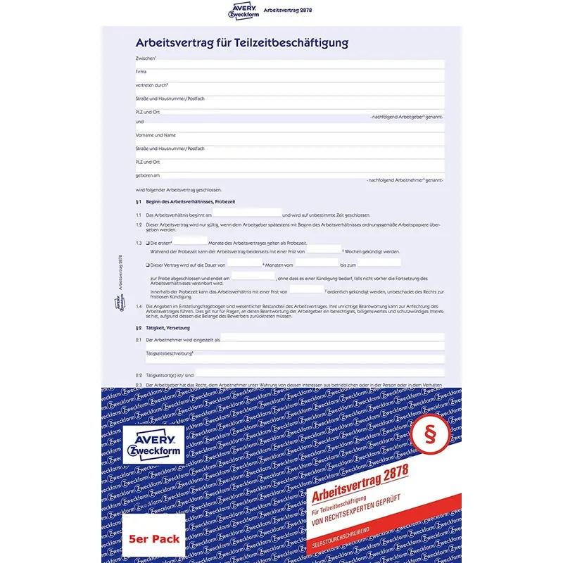 AVERY Zweckform 2878 Arbeitsvertrag für Teilzeitbeschäftigung (A4, 1 Stück, 4-seitig, selbstdurchschreibender Durchschlag, abgestimmt auf geringfügige Beschäftigung, von Rechtsexperten geprüft)