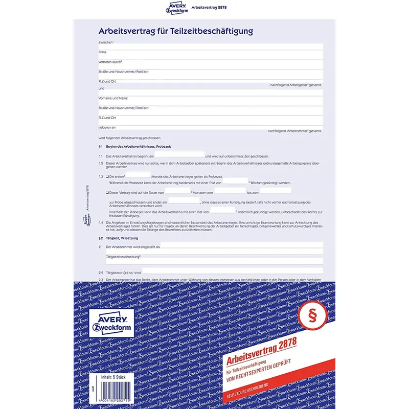 AVERY Zweckform 2878 Arbeitsvertrag für Teilzeitbeschäftigung (A4, 5 Sätze, 4-seitig, selbstdurchschreibender Durchschlag, abgestimmt auf geringfügige Beschäftigung, von Rechtsexperten geprüft)