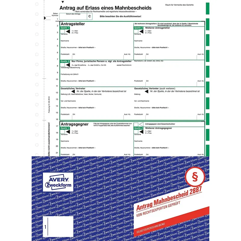 AVERY Zweckform 2887 Mahnbescheid Antrag (A4, selbstdurchschreibend, von Behörden anerkannt, mit Ausfüllhilfe, für Deutschland zum Einsetzen bei maschineller Abwicklung von Mahnverfahren) 1 Satz grün