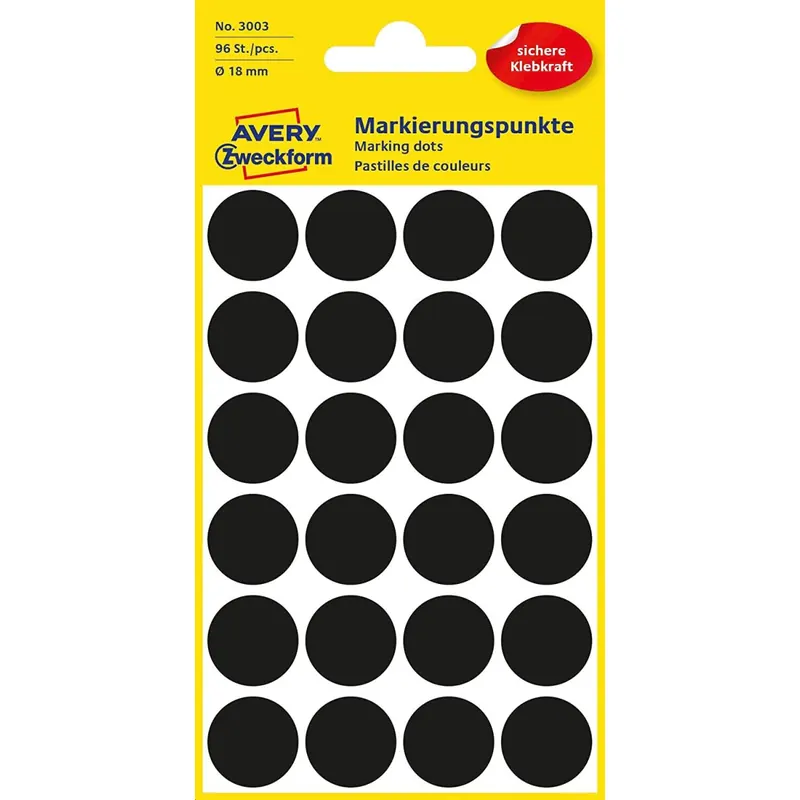 AVERY Zweckform 3003 selbstklebende Markierungspunkte 96 Stück (Ø18mm, Klebepunkte auf 4 Bogen, Punktaufkleber zur Farbcodierung, runde Aufkleber für Kalender, Planer und zum Basteln, Papier) schwarz