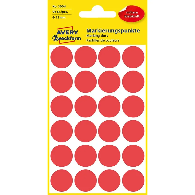 AVERY Zweckform 3004 selbstklebende Markierungspunkte 96 Stück (Ø18mm, Klebepunkte auf 4 Bogen, Punktaufkleber zur Farbcodierung, runde Aufkleber für Kalender, Planer und zum Basteln, Papier) rot
