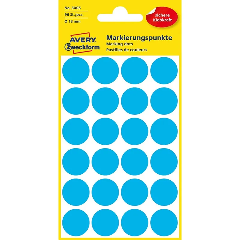 AVERY Zweckform 3005 selbstklebende Markierungspunkte 96 Stück (Ø18mm, Klebepunkte auf 4 Bogen, Punktaufkleber zur Farbcodierung, runde Aufkleber für Kalender, Planer und zum Basteln, Papier) blau