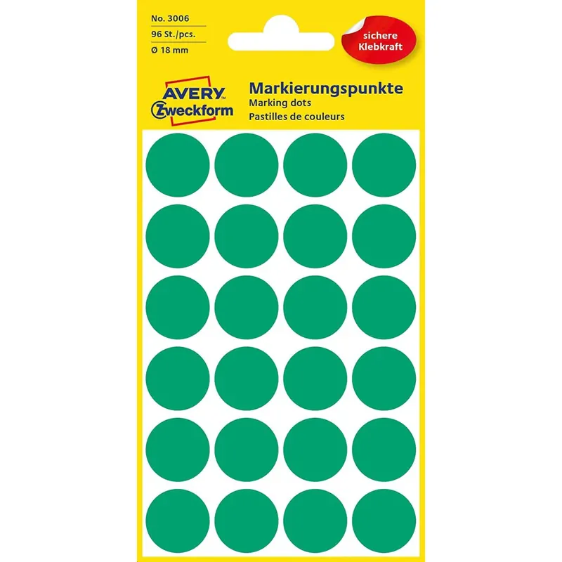 AVERY Zweckform 3006 selbstklebende Markierungspunkte 96 Stück (Ø18mm, Klebepunkte auf 4 Bogen, Punktaufkleber zur Farbcodierung, runde Aufkleber für Kalender, Planer und zum Basteln, Papier) grün