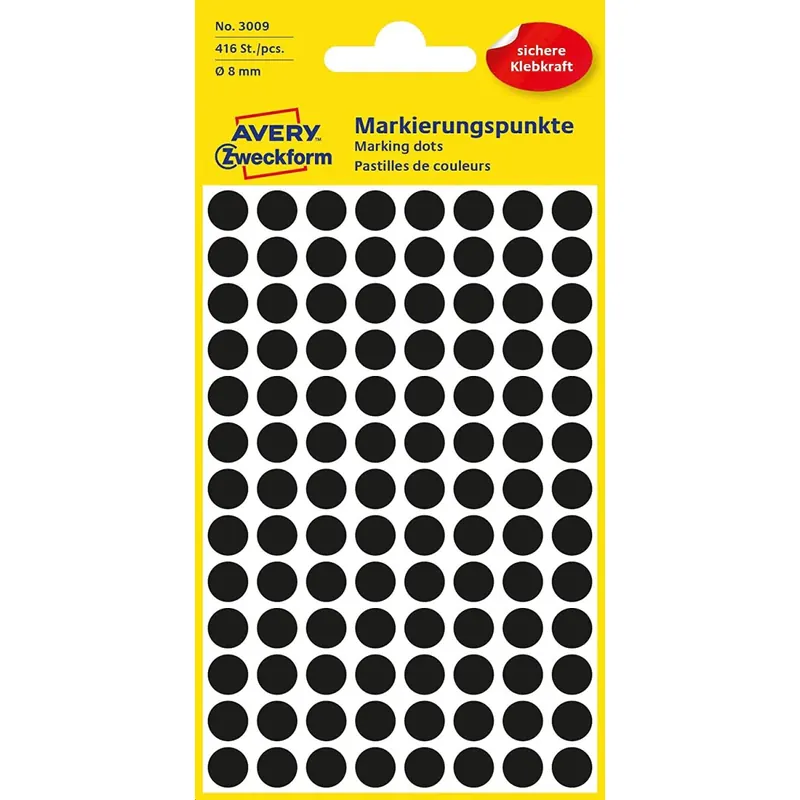 AVERY Zweckform 3009 selbstklebende Markierungspunkte 416 Stück (Ø8mm, Klebepunkte auf 4 Bogen, Punktaufkleber zur Farbcodierung, runde Aufkleber für Kalender, Planer und zum Basteln, Papier) schwarz