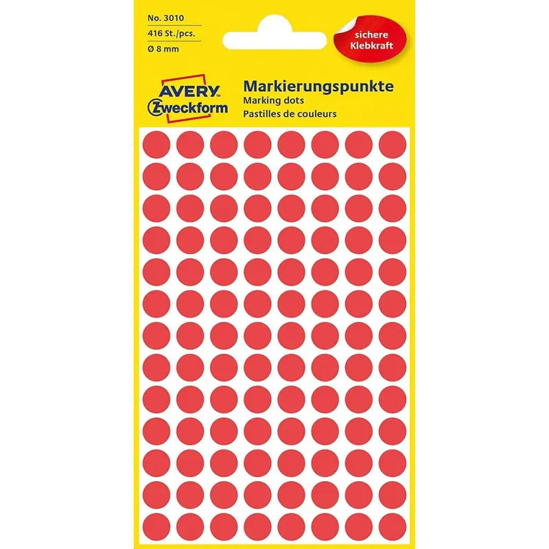 AVERY Zweckform 3010 selbstklebende Markierungspunkte 416 Stück (Ø 8mm, Klebepunkte auf 4 Bogen, Punktaufkleber zur Farbcodierung, runde Aufkleber für Kalender, Planer und zum Basteln, Papier) rot