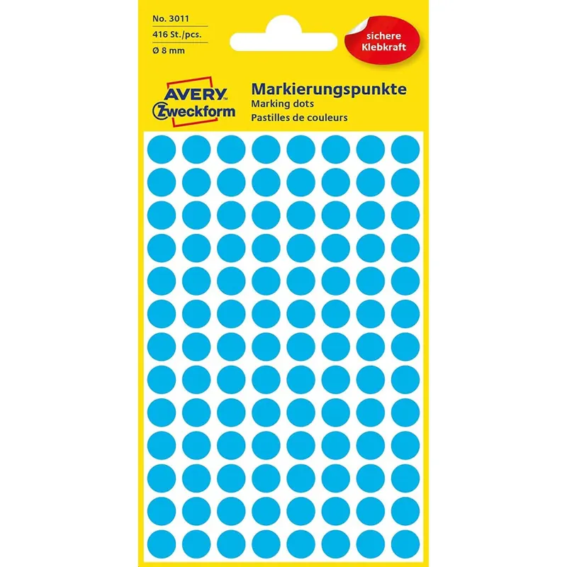 AVERY Zweckform 3011 selbstklebende Markierungspunkte 416 Stück (Ø8mm, Klebepunkte auf 4 Bogen, Punktaufkleber zur Farbcodierung, runde Aufkleber für Kalender, Planer und zum Basteln, Papier) blau