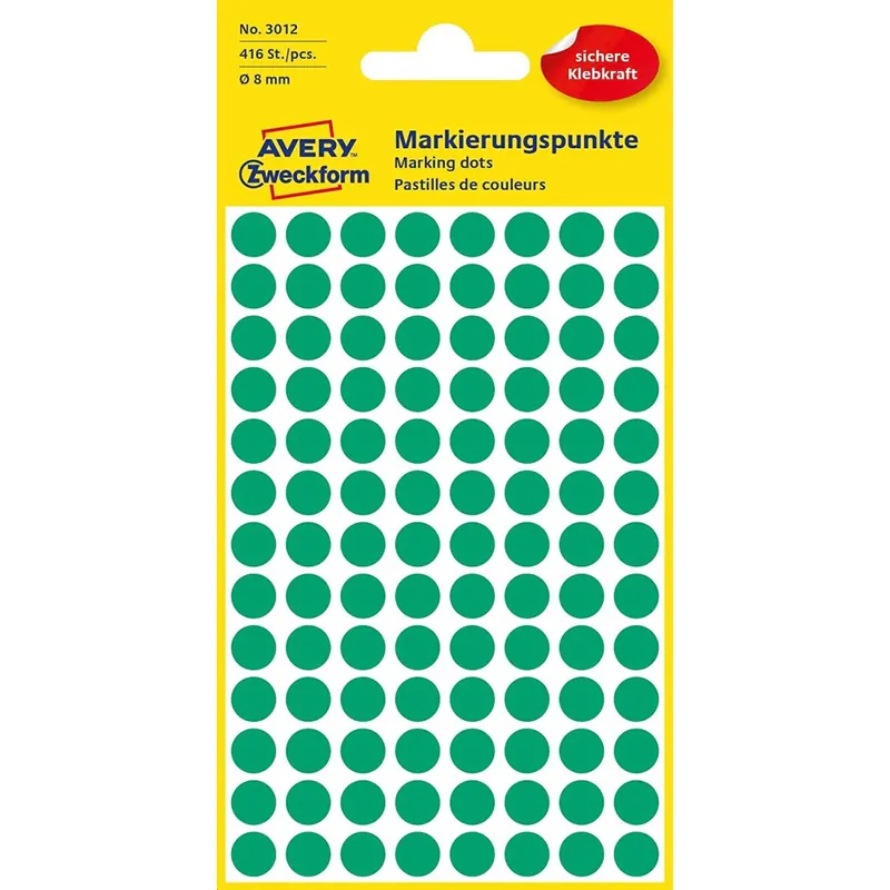AVERY Zweckform 3012 selbstklebende Markierungspunkte 416 Stück (Ø8mm, Klebepunkte auf 4 Bogen, Punktaufkleber zur Farbcodierung, runde Aufkleber für Kalender, Planer und zum Basteln, Papier) grün