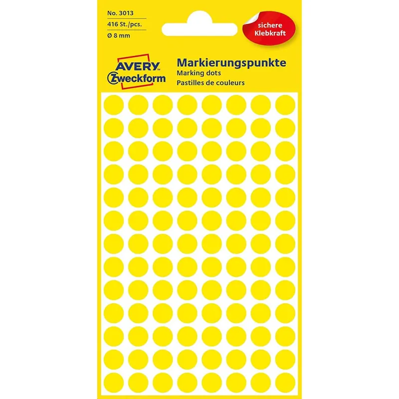 AVERY Zweckform 3013 selbstklebende Markierungspunkte 416 Stück (Ø8mm, Klebepunkte auf 4 Bogen, Punktaufkleber zur Farbcodierung, runde Aufkleber für Kalender, Planer und zum Basteln, Papier) gelb