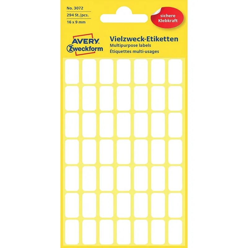 Avery Zweckform 3072 Haushaltsetiketten selbstklebend (16 x 9 mm, 294 Aufkleber auf 6 Bogen, Vielzweck-Etiketten für Haushalt, Schule und Büro zum Beschriften und Kennzeichnen) blanko, weiß