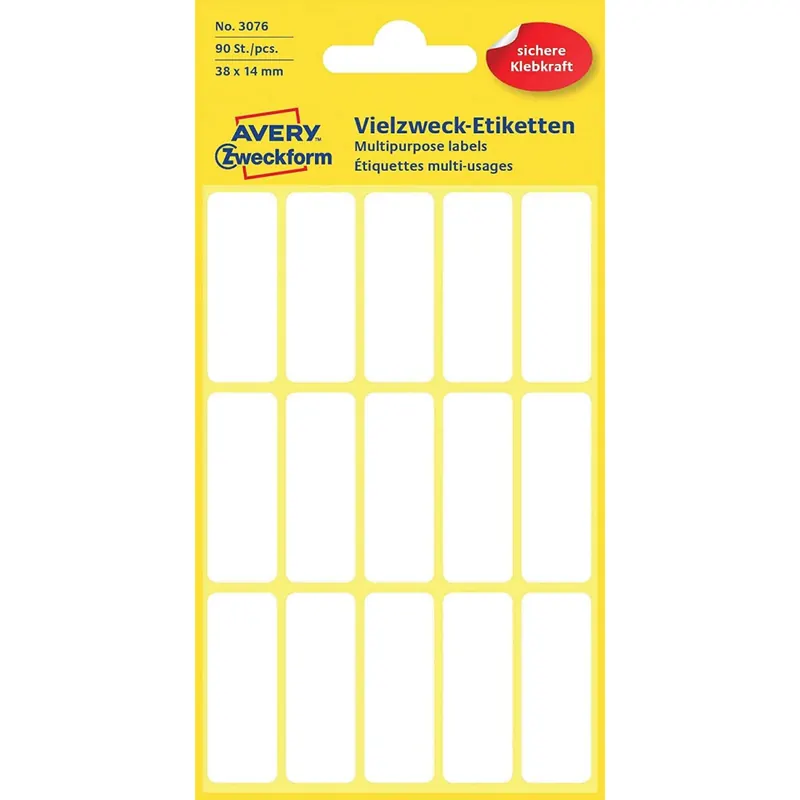 Avery Zweckform 3076 Haushaltsetiketten selbstklebend (38 x 14 mm, 90 Aufkleber auf 6 Bogen, Vielzweck-Etiketten für Haushalt, Schule und Büro zum Beschriften und Kennzeichnen) blanko, weiß
