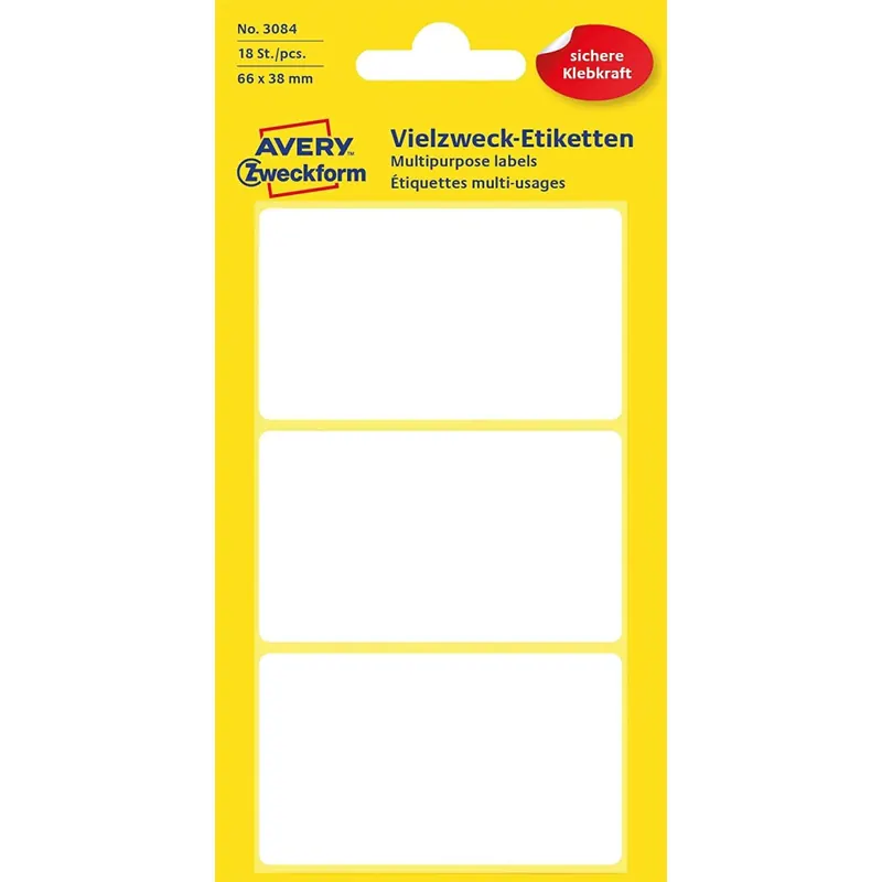 Avery Zweckform 3084 Haushaltsetiketten selbstklebend (66 x 38 mm, 18 Aufkleber auf 6 Bogen, Vielzweck-Etiketten für Haushalt, Schule und Büro zum Beschriften und Kennzeichnen) blanko, weiß