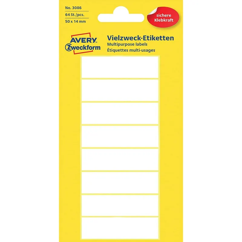 Avery Zweckform 3086 Haushaltsetiketten selbstklebend (50 x 14 mm, 64 Aufkleber auf 8 Bogen, Vielzweck-Etiketten für Haushalt, Schule und Büro zum Beschriften und Kennzeichnen) blanko, weiß