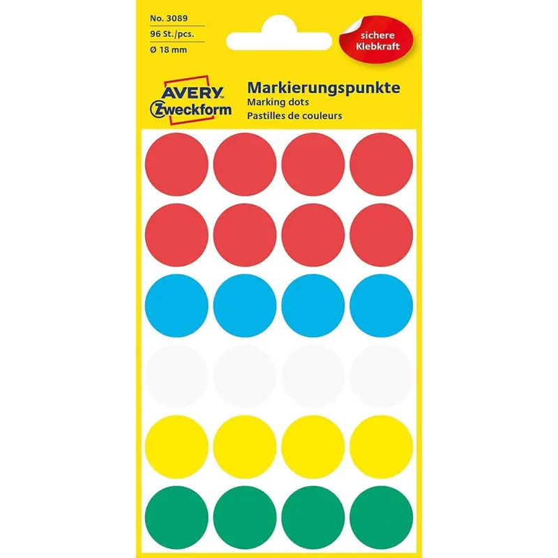 AVERY Zweckform 3089 selbstklebende Markierungspunkte 96 Stück (Ø18mm, Klebepunkte auf 4 Bogen, Punktaufkleber zur Farbcodierung, runde Aufkleber für Kalender, Planer und zum Basteln, Papier) bunt