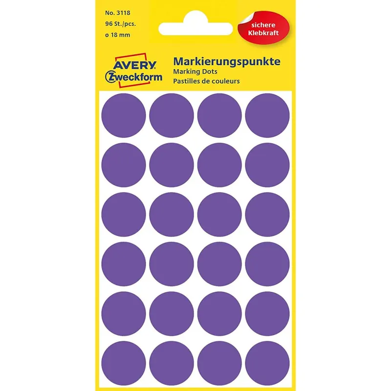 AVERY Zweckform 3118 Selbstklebende Markierungspunkte, Violett (Ø 18 mm; 96 Klebepunkte auf 4 Bogen; Runde Aufkleber für Kalender, Planer und zum Basteln) Papier, matt