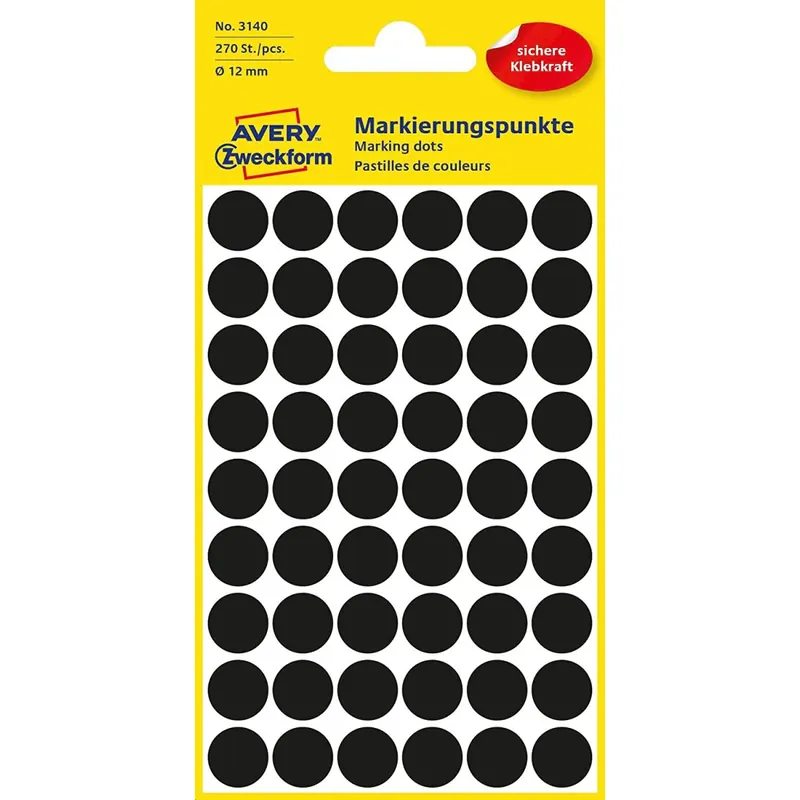 AVERY Zweckform 3140 selbstklebende Markierungspunkte 270 Stück (Ø12mm, Klebepunkte auf 5 Bogen, Punktaufkleber zur Farbcodierung, runde Aufkleber für Kalender, Planer und zum Basteln, Papier) schwarz