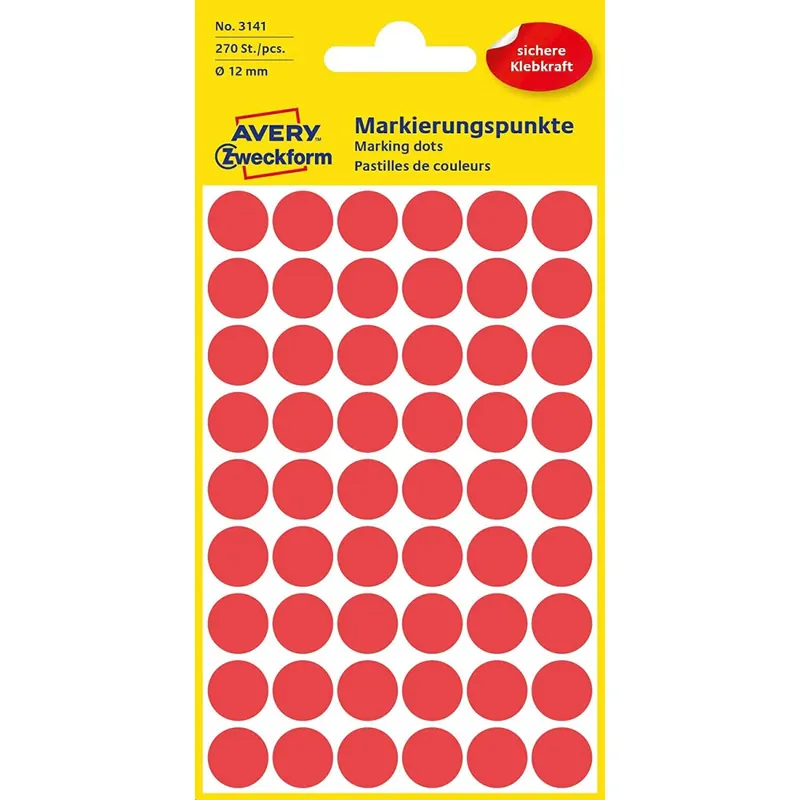 AVERY Zweckform 3141 selbstklebende Markierungspunkte 270 Stück (Ø12mm, Klebepunkte auf 5 Bogen, Punktaufkleber zur Farbcodierung, runde Aufkleber für Kalender, Planer und zum Basteln, Papier) rot