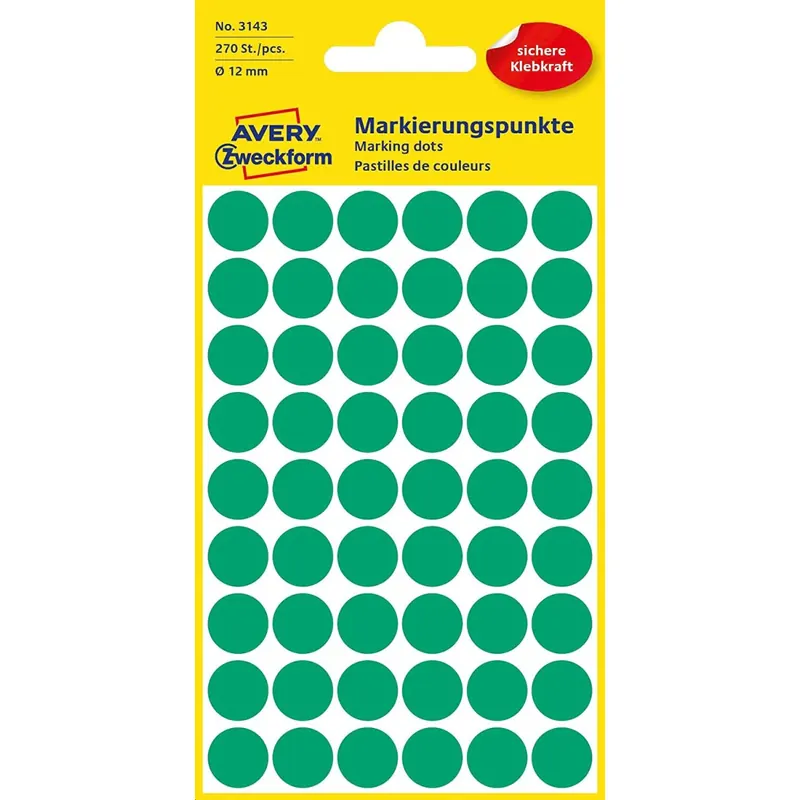 AVERY Zweckform 3143 selbstklebende Markierungspunkte 270 Stück (Ø12mm, Klebepunkte auf 5 Bogen, Punktaufkleber zur Farbcodierung, runde Aufkleber für Kalender, Planer und zum Basteln, Papier) grün