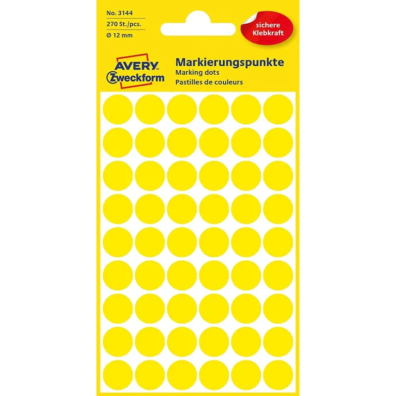 AVERY Zweckform 3144 selbstklebende Markierungspunkte 270 Stück (Ø12mm, Klebepunkte auf 5 Bogen, Punktaufkleber zur Farbcodierung, runde Aufkleber für Kalender, Planer und zum Basteln, Papier) gelb
